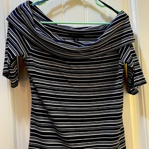 off shoulder t-shirt.  Blue/white stripe. Great for nautical theme outfit